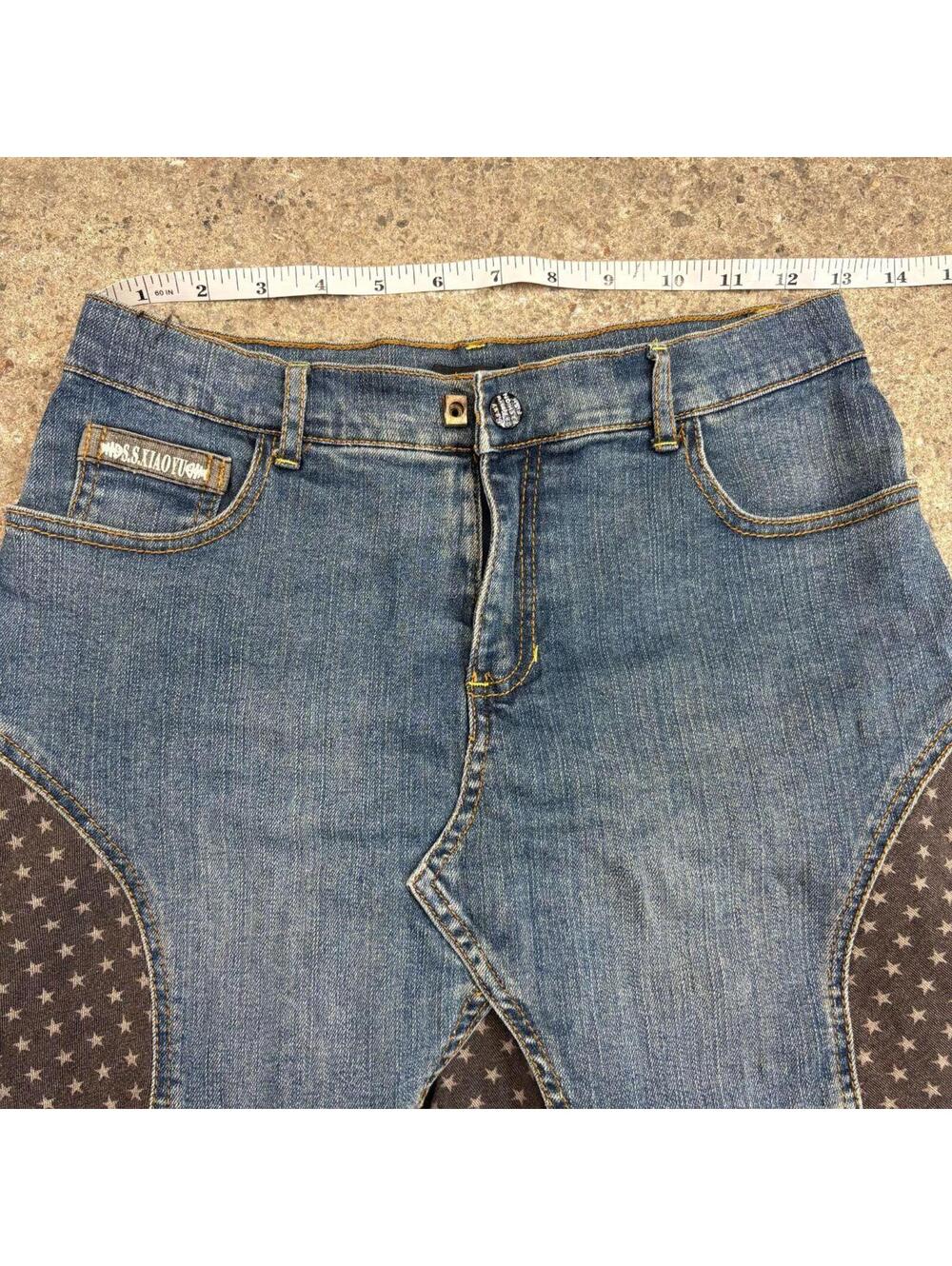 Vintage Y2K Denim Micro Mini Skirt Low Rise Faded Star Ruffle - Picture 4 of 5